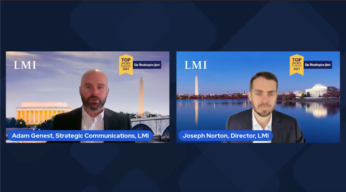 LinkedIn Live Event screenshot of Adam Genest, Strategic Communications, L M I and Joseph Norton, Director, L M I