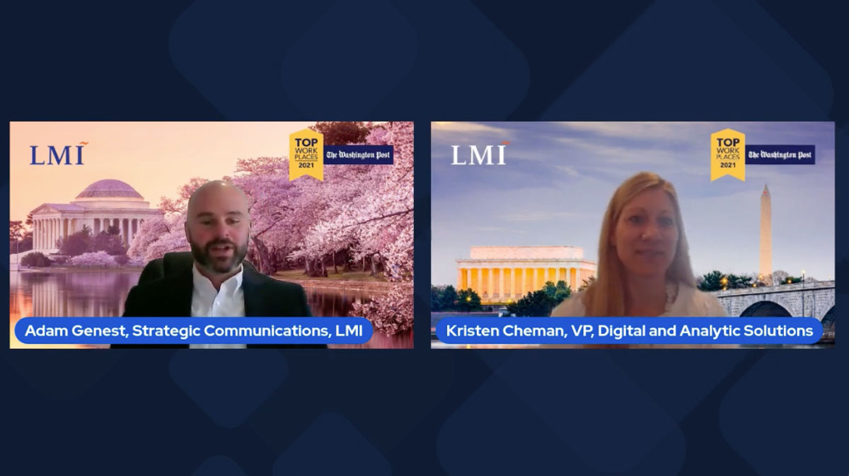 LinkedIn Live Event screenshot of Adam Genest, Strategic Communications, L M I and Kristen Cheman, V P, Digital and Analytic Solutions