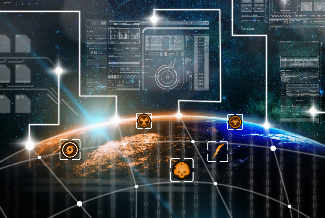 Earth viewed from space with symbols for types of threats overlaid