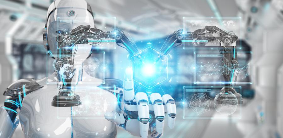 robot touching a transparent digital dashboard