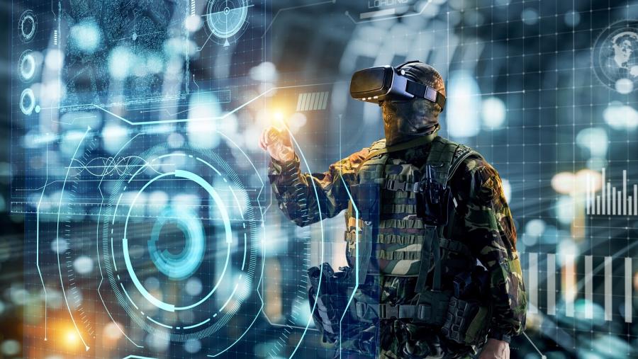 Soldier in glasses of virtual reality. Military concept of the future.