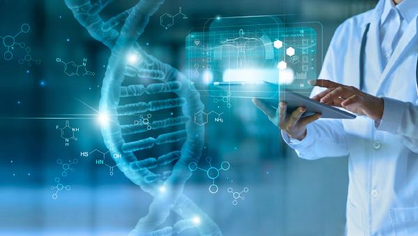 digital dna strand projected by doctor using ipad