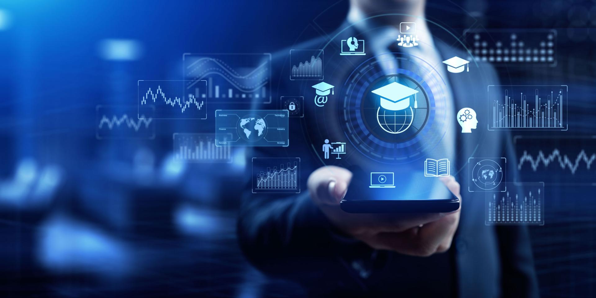 Personal development concept: education and training icons above a mobile device