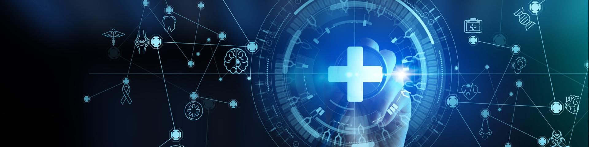 Doctor hand with stethoscope and Ui icon medical in hospital with medical technology network concept.