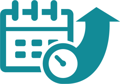 Calendar icon with an upward curved arrow with a clock at one end, representing a flexible schedule