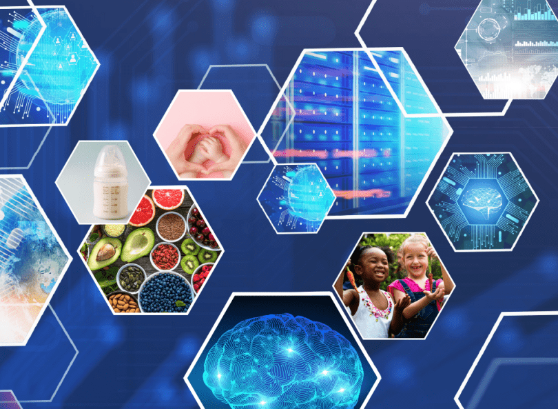 Photo collage of technology, children, and fresh food