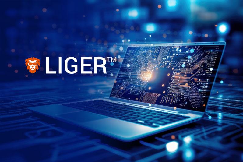 LIGER trademarked logo over an image of a laptop